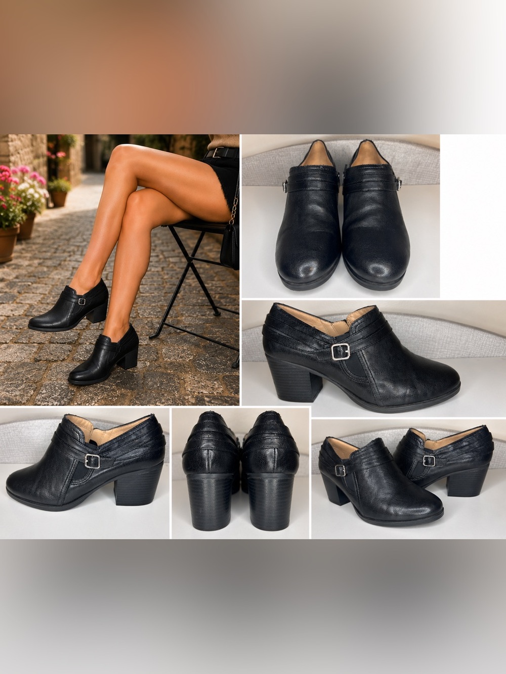 Black Ankle Booties Women’s 9 Block Heel Buckle Side Zip Abella